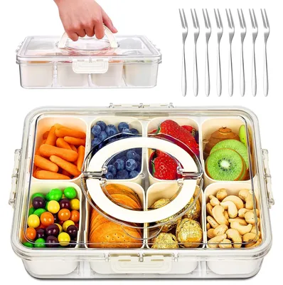 Snackbox mit Deckel, 8 Fächer, 28x21x6,5 cm, inkl. 8 Gabeln