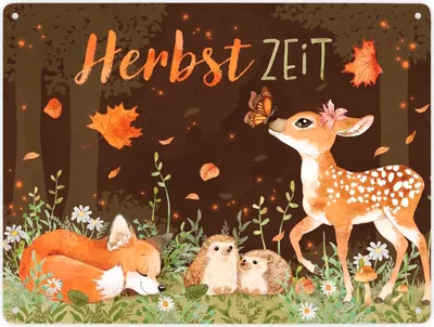 Produktbild von Tiere des Waldes Metallschild XXL in 28x38 cm mit Spruch Herbstzeit