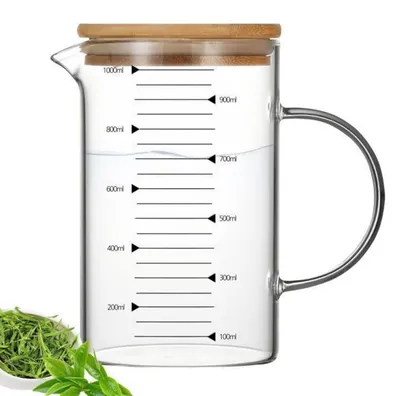 Image de Verre doseur en verre de 1 litre avec couvercle en bambou, fabriqué en verre borosilicaté, résistant à la chaleur et au froid