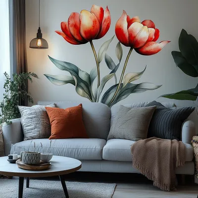Image de Autocollant mural Decords – tulipe rouge, effet aquarelle, 140 cm