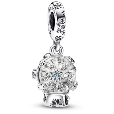 A silver charm in the shape of a snow globe with snowflakes inside, hanging from a bail with snowflake engravings.