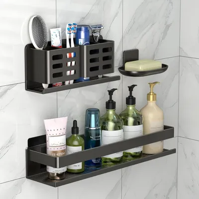 Productafbeelding van Doucheplank, aluminium, zwart, 40 cm, 3-delige set