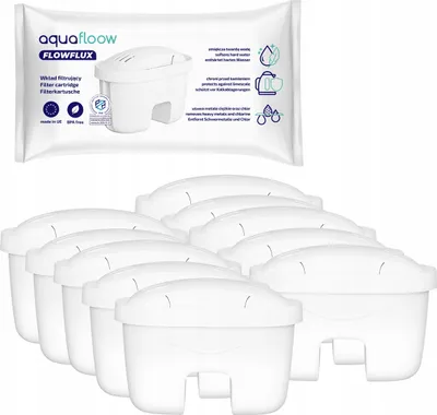 A package of Aquafloow water filter cartridges is shown above a stack of ten individual filter cartridges.
