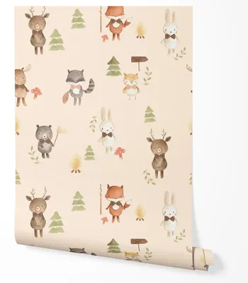 Zdjęcie produktu dla TAPETA NA ŚCIANĘ ZWIERZĄTKA KREMOWE TŁO DRZEWA DO POKOJU DZIECKA 10m x 0.5m