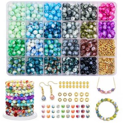 Produktbild von Glasperlen Set 8mm 520 Stück bunt Edelstein-Optik für Armbänder DIY