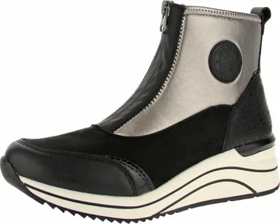 A side view of a black and silver women's boot with a zipper.