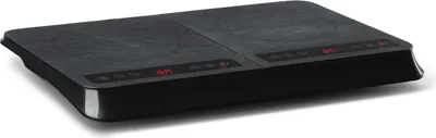 A studio shot of a black and gray speckled double induction cooktop.