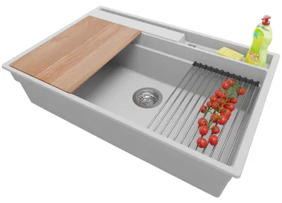 Produktbild von PRIMAGRAN Spülbecken Grau 78x53cm, Granitspüle 1 Becken + Ablauf-Set + Küchenzubehörset, Küchenspüle ab 80er Unterschrank - Oslo Pocket