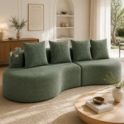 Produktbild von Leinenstoff Sofa Grš¹n Couch mit 4 Kissen Polstersofa Modernes Loungesofa Wohnzimmersofa mit Becherhalter Seitentaschen Federkern Kleines Sofa