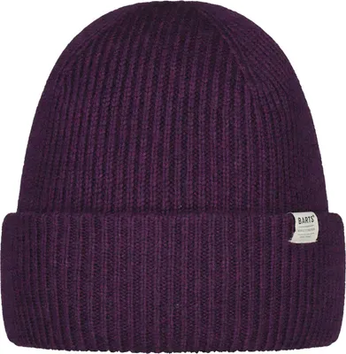 A close-up studio shot of a purple knitted beanie.