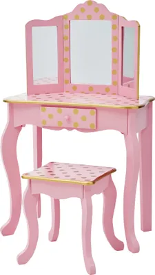 Produktbild von Teamson Kids Little Princess Gisele 2-tlg. Fashion mit gepunkteten Motiven Waschtisch-Set mit Dreifachspiegel, passendem Hocker und Aufbewahrungsschublade, Rosa/Gold