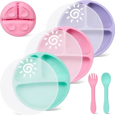 Produktbild von Silikon Baby Teller mit Saugnapf und Deckel, Sonne Muster Geteilte Kindergeschirr Set mit Gabeln und Löffel, BPA-Frei Babyteller Kinderteller, 3 Stück (Grün/Lila/Rosa)