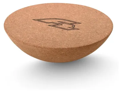 A cork balance board with a logo on a white background.