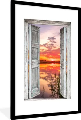 Produktbild von MuchoWow® Gerahmtes Poster Landschaft - Sonnenuntergang - Wasser - Aussicht 60x90 cm - Poster mit Schwarzem Bilderrahmen Wandposter Rahmen Foto Bilder - Dekoration - Wandposter Wohnzimmer - Hochwertig