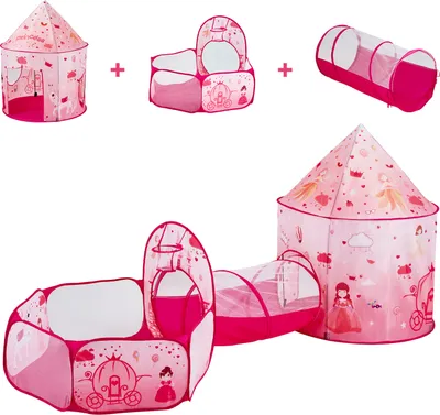 Produktbild von SucceBuy 3-in-1-Spielzelt für Kinder mit Tunnel für Mädchen und Jungen, Pop-Up-Spielhaus für drinnen und draußen, Tragetasche und Gurte inklusive, Farbe Magenta