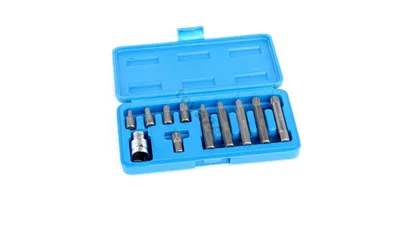 A set of bits and a socket wrench in a blue plastic case, presented on a white background.