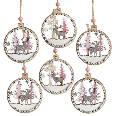Produktbild von 6 Weihnachtsbaumanhänger aus Holz flach rosa weiß Ø 6,5 cm