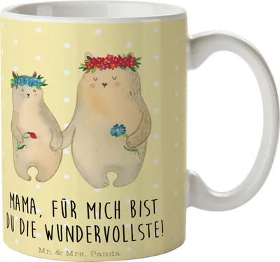 Produktbild von Mr. & Mrs. Panda Keramiktasse Bären mit Blumenkranz - Gelb Pastell - Geschenk, kaffeebecher bedruckt, Kaffeetasse, Teetasse, Tasse Spruch, Mutter, Family, Familie, Kinder
