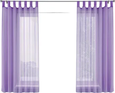 Two purple sheer curtains hanging on a curtain rod.