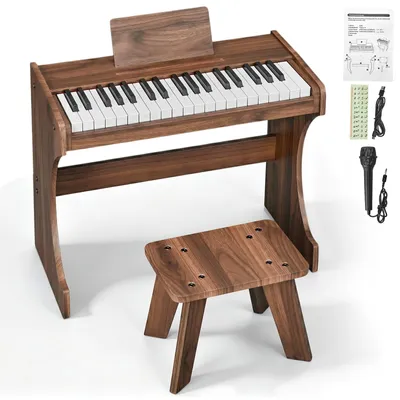 Image de FCH Piano électronique pour enfants, 37 touches, ensemble complet en bois avec tabouret, clavier pour enfants, piano numérique en bois pour les enfants à partir de 3 ans, couleur marron