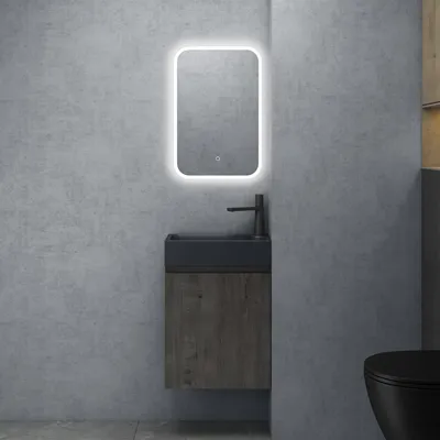 Produktbild von doporro Badezimmerschrank Badmöbel-Set in Grau-Braun 46x26x63cm Waschbeckenunterschrank mit Mineralguss-Waschbecken in matt Anthrazit inkl. LED-Spiegel Pisa02