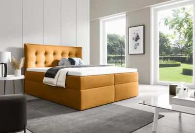 Produktbild von BETTSO Boxspringbett mit 2x Bettkasten Gepolstert Doppelbett mit Matratze und Topper Polsterbett für das Schlafzimmer FOCUS 160x200cm Honiggelb