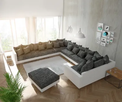 Produktbild von Couch Clovis XXL Weiss Schwarz mit Hocker und Armlehne Ottomane Links Wohnlandschaft