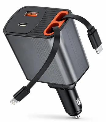 Produktbild von 80W USB-C Auto Ladegerät, 4-in-1 mit einziehbarem Kabel – 180° drehbar – Mit Spannungsanzeige – KFZ Schnellladegerät und Zigarettenanzünder Adapter für iPhone und andere Geräte