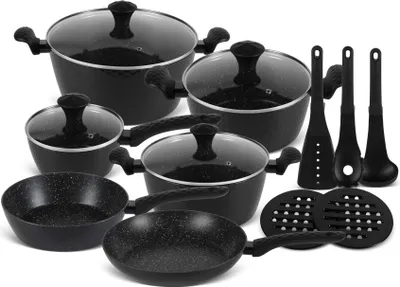 Produktbild von 15 Tlg Schwarze Topfset mit Kasserolle, Glasdeckel, Beschichtung INDUKTION