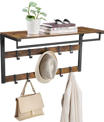 Produktbild von VASAGLE Wandregal mit 10 abnehmbaren Haken, Kleiderstange, 30 x 80 x 42 cm (T x B x H), vintagebraun