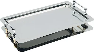 Produktbild von APS 11155 System-Tablett GN 1/1  BUFFET-STAR, Edelstahl, 53 x 32,5 cm, stapelbar, inkl. Distanzstücke, Nutzhöhe 4 cm, vergoldete Griffe,  Germany