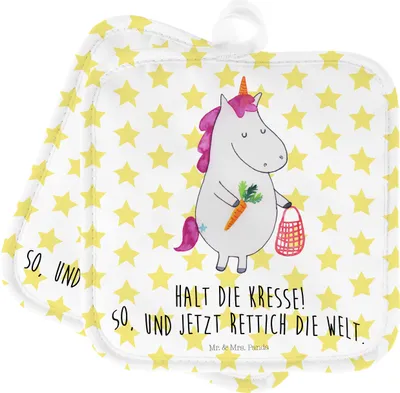 Produktbild von Mr. & Mrs. Panda Topflappen Einhorn Gemüse - Weiß - Geschenk, Topfuntersetzer, Unicorn, Einhörner, Doppel, topfhalter, Set, Biomarkt, Wochenmarkt, Topflappenset