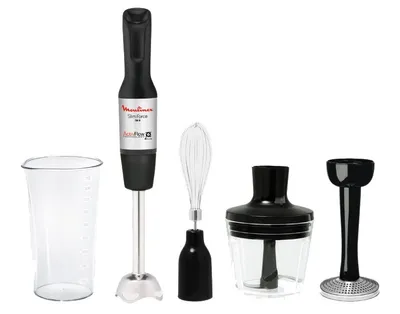 A set of kitchen appliances including an immersion blender, a whisk attachment, a chopper attachment, a beaker, and a blade attachment, all displayed on a white background.