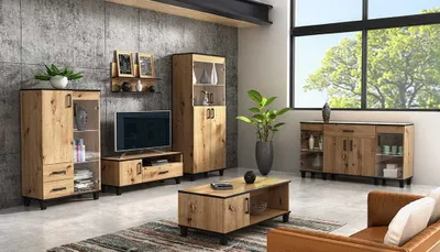 Produktbild von Wohnwand Pro im modernen Loft-Stil, Artisan Eiche und Mattschwarz Optik