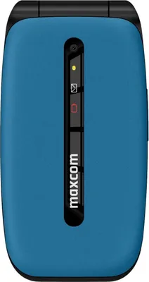 A blue flip phone with a black hinge and a vertical black strip containing indicators and the brand name.