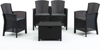 Produktbild von Garten-Relax-Set aus Rattanoptik-Kunstharz mit 2-Sitzer-Sofa, 2 Sesseln und Aufbewahrungstisch – leicht, einfach zu montieren und mit Kissen ausgestattet, ideal für Veranda, Garten und Terrasse – LUGANO
