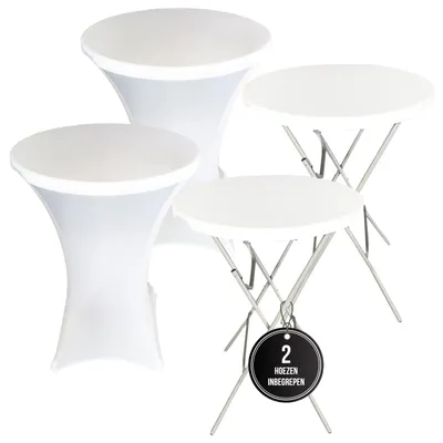 Immagine prodotto di IvoQ Set di 2 tavoli alti bianchi – Inclusi 2 copritavoli elasticizzati bianchi – Ø80 x 110 cm – Pieghevoli – Tavoli da party per festa, giardino ed evento