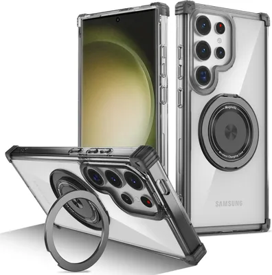Image de Etui pour Samsung Galaxy S23 Ultra porte-anneau magnétique, support, compatible MagSafe, protection militaire, étui transparent noir