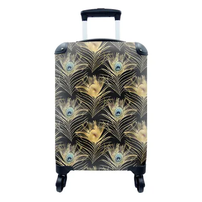 Produktbild von MuchoWow® Koffer Handgepäck Trolley Rollkoffer Kleine Reisekoffer mit 4 Rollen - Muster - Pfauenfedern - Gold - Cabin Size < 55x40x23 cm & 55x40x20 cm - Fotokoffer - Kabinenkoffer - Boardgepäck - Reise-Box - Reisekoffer - Reisegepäck - Koffer mit Bild - Trolley für Kinder