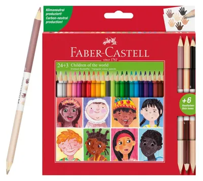 Produktbild von Dreieckige Buntstifte Children Of The World 24 Farben + 3 doppelseitige Buntstifte in Lederfarben Faber-Castell 511515 FC