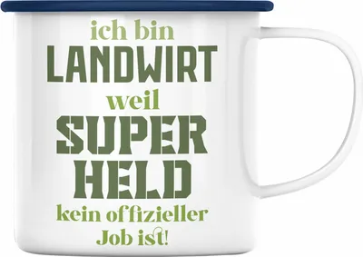 Produktbild von Trendation - Landwirt Geschenk Emaille Tasse Landwirtschaft Geschenke für Männer Traktor Spruch Emaille Emaille Tasse Superheld (Blau)