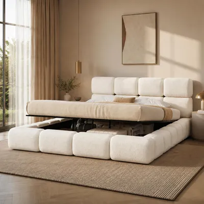 Zdjęcie produktu dla Łóżko tapicerowane 200 x 200 cm ze schowkiem z mechanizmem hydraulicznym, design chmury, zaokrąglone narożniki, Bouclé, białe, Obraz wygenerowany przez AI