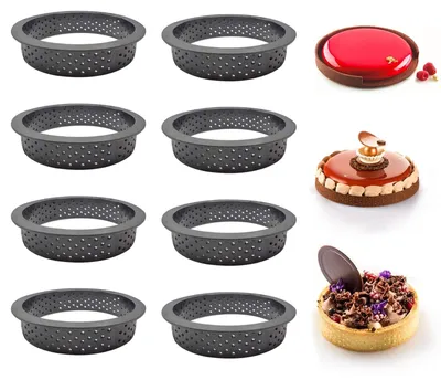 Produktbild von Kuchenformen - 8 Stück - Lochiger Ausstecher - Runde Form - Wiederverwendbar - Aus lebensmittelechtem Kunststoff - Ideal für Desserts - Mousseformen