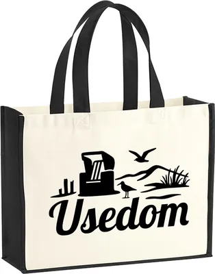 Produktbild von Huuraa Jutetasche Usedom Strandmotiv 21 Liter Black Jute und Baumwolle Einkaufstasche Geschenkidee