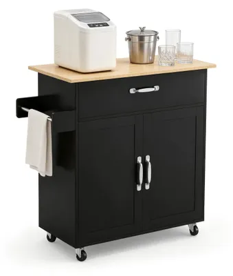 Imagen del producto de Carrito de cocina de madera, carro de servicio para islas de cocina con encimera y cajones, ideal para cocinas y comedores, color negro