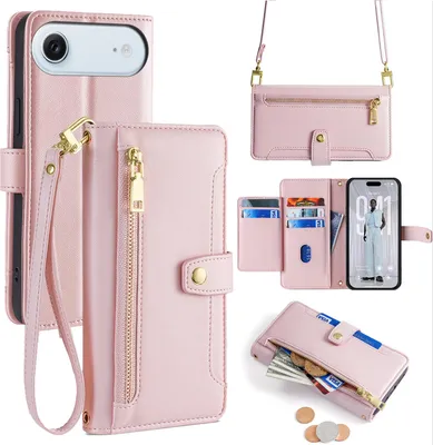 Produktbild von Handykette für iPhone Air Hülle mit Band Handyhülle Kartenfächer Kunstleder Umhängetasche in Rosa