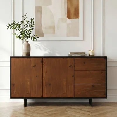 Produktbild von Sideboard ARTO, 135 cm mit 2 Türen und 3 Schubkästen, Schwarz/Kastanie - Robustes Wohnzimmer Möbel, Flurkommode mit großzügigem Stauraum, Anrichte mit pflegeleichter Oberfläche