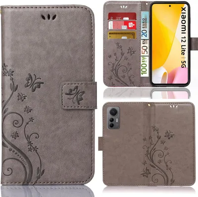 Produktbild von Handy Tasche für Xiaomi 12 Lite  Schutz Hülle Handyhülle mit Blumenmuster Klapp Hülle mit Standfunktion und Kartenfächer Grau