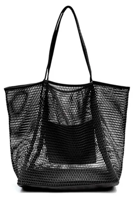 Produktbild von Große Strandtasche aus Netzgewebe mit Innentasche mit Reißverschluss, Schultertasche, Damen-Badetasche, faltbare Handtasche, Einkaufstasche, Strandtasche für Strand, Familie, Reisen