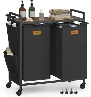 Produktbild von Wäschekorb 2 Fächer,100 L, Rollen,6 Etiketten mit Ablage